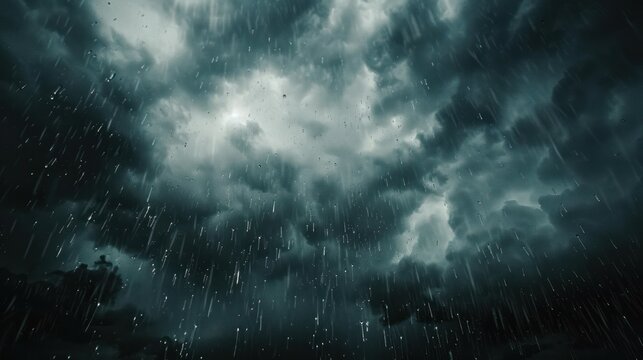 Dramatic dark storm clouds and heavy rain create an intense and moody atmosphere, depicting the powerful force of nature.