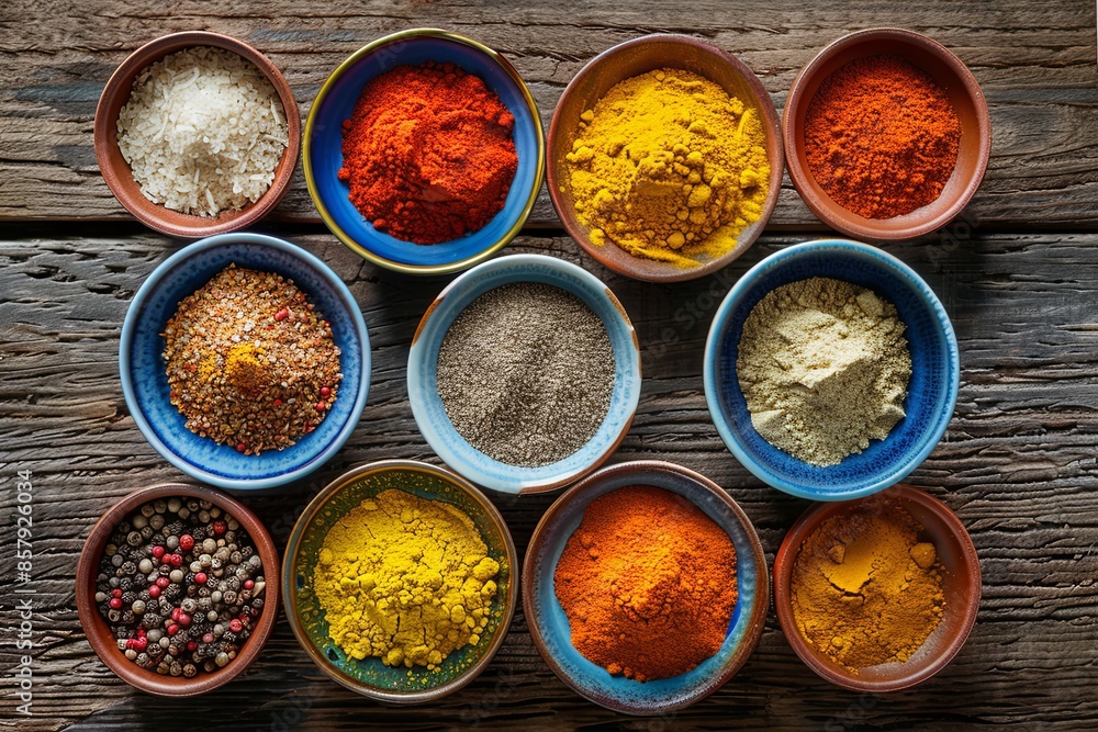 Poster a top-down view of colorful spices arranged in ceramic bowls on a rustic wooden surface. the spices 