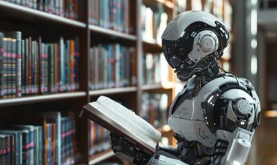 Fototapeta premium ai robot reading book in library