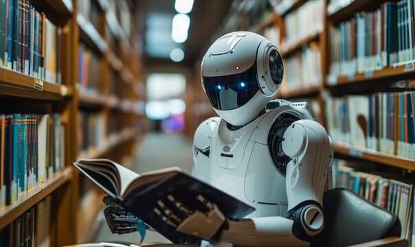 ai robot reading book in library
