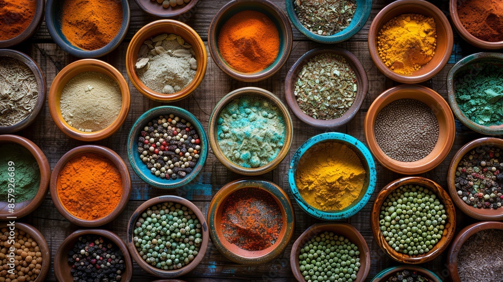 Poster a top-down view of various colorful spices in beautiful ceramic bowls arranged on a rustic wooden su
