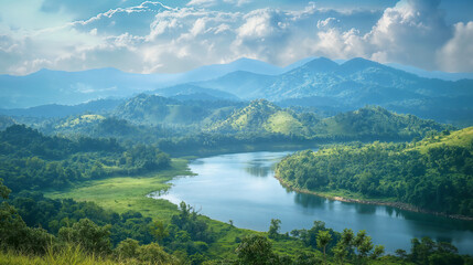 View of a beautiful green landscape with a meandering river and mountains