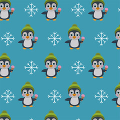 Seamless repeating pattern of penguins with snowflakes