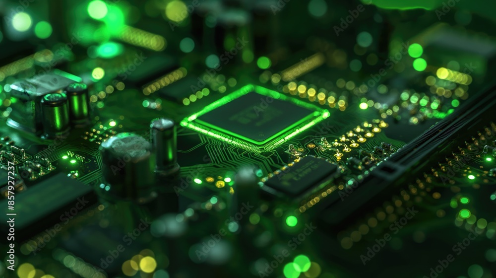 Poster close-up of a glowing green circuit board with microchip in focus, high-tech electronics background