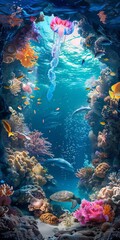 Undersea coral reef scene with fish swimming around