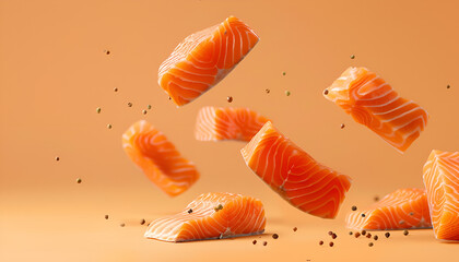 Cut fresh salmon falling on pale orange background