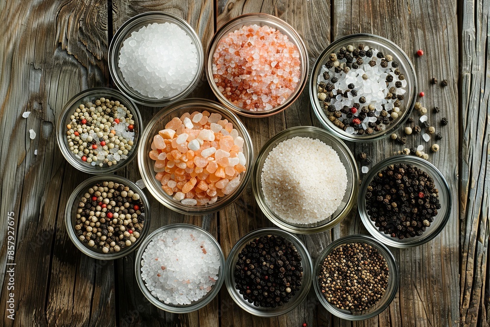 Poster A collection of different types of salt and peppercorns in glass jars and small bowls arranged on a rustic wooden surface. Generative AI