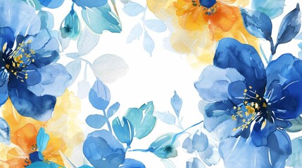 watercolor design with blue and yellow flowers suitable for various uses like weddings, birthdays, cards, backgrounds, invitations, wallpapers, stickers, and decorations,