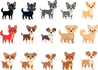 Big set of different breeds of dogs vector flat illustration