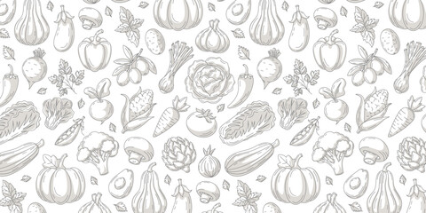 Vegetables seamless pattern, isolated background. Veggies monochrome vector icons set. Minimalist horizontal banner. Organic food, natural, eco product. For cover, wrapping paper, textile print