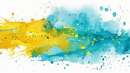 "Turquoise and yellow watercolor splashes and brush strokes on a white background. These modern aquarelle spots create a trendy isolated abstract artistic design.