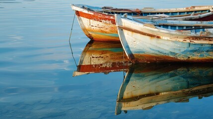 Close-up shot of two old row boats reflected in the sea water
