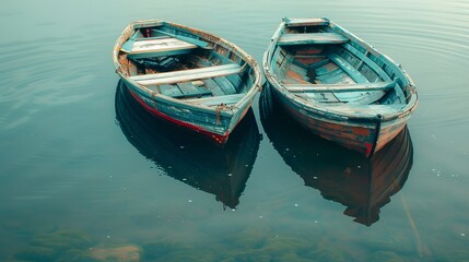 Obraz premium Close-up shot of two old row boats reflected in the sea water