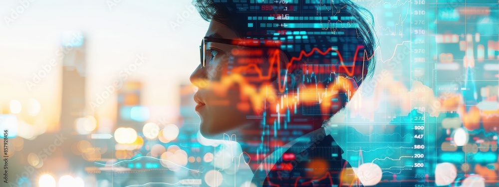 Poster double exposure of a trader with a cityscape and fluctuating stock charts, representing the volatili
