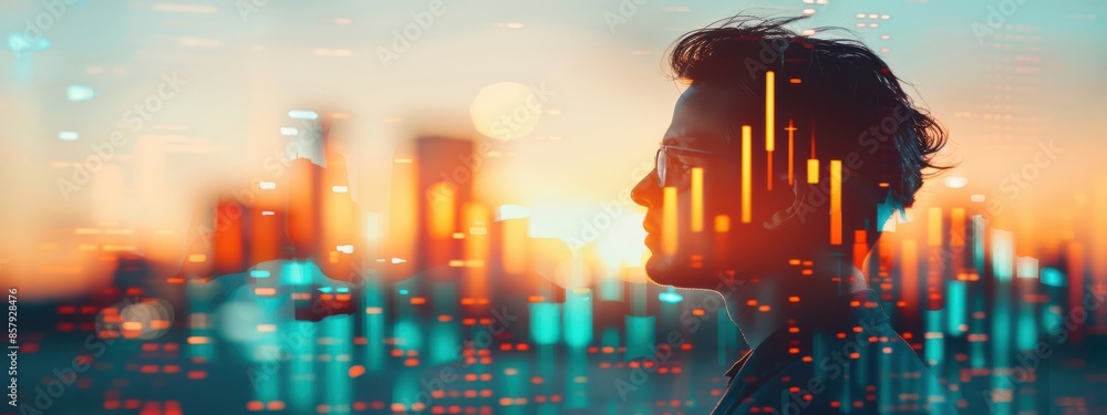 Poster double exposure of a trader with a cityscape and fluctuating stock charts, representing the volatili