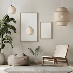 Blank picture frame mockup in beige room interior illustration