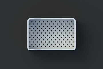 White plastic crate for fruits or vegetables on a black background. Empty basket for goods. Transportation and distribution of agricultural products. Top view. 3d render