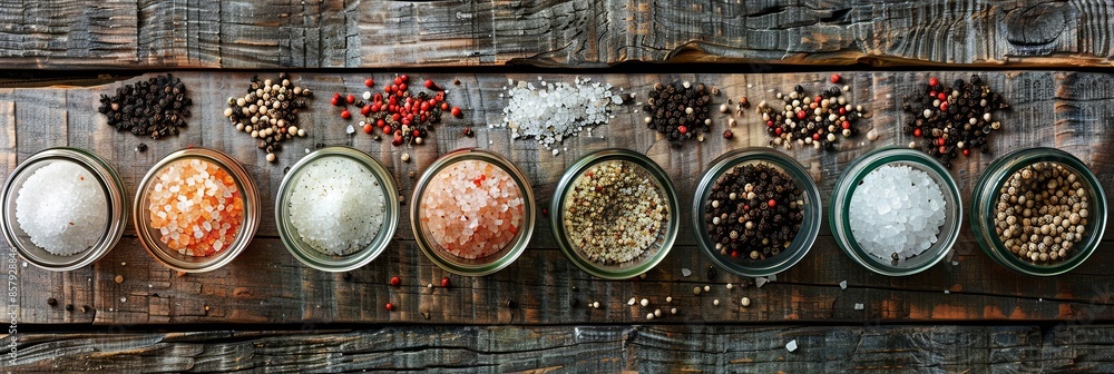 Poster an overhead shot of different salts and peppers in glass jars and small bowls on a rustic wooden sur