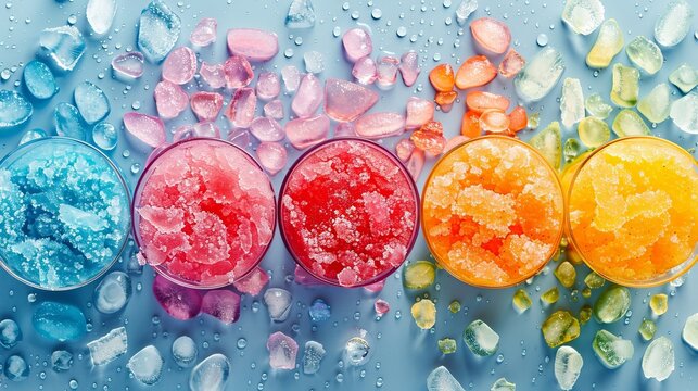 Vibrant Kool-Aid slushies, icy and refreshing, perfect for fast thirst quenching, colorful presentation, raw and detailed style