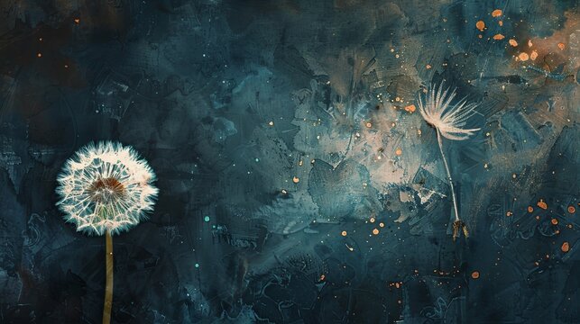 Vibrant watercolor of a single dandelion seed head against a dark backdrop, showcasing fine details and ethereal beauty. Ideal for artistic banners