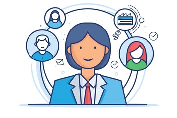 Tech support. Professional. Project manager. Task. Vector illustration of a customer service team members. Work connections. Communication. Co-workers. Social contacts and digital documents