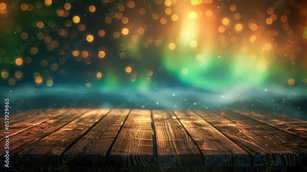 Poster empty wooden table with bokeh lights background. generative ai
