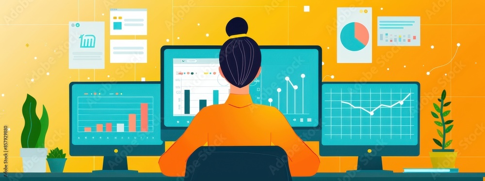 Poster marketing analytics: a marketer analyzing a dashboard filled with positive analytics and graphs, ind