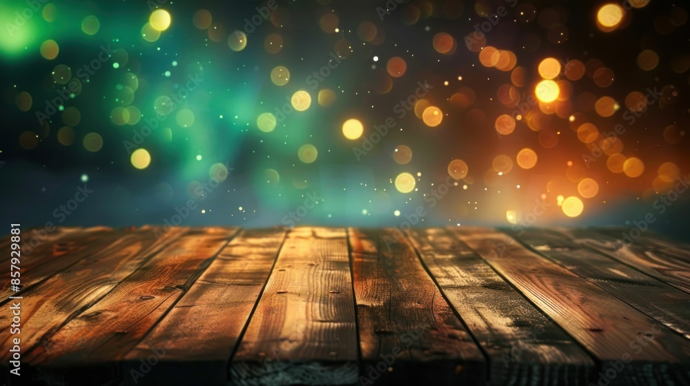 Poster empty wooden table with bokeh lights background. generative ai