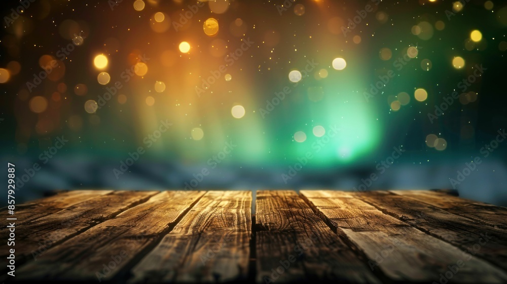 Poster empty wooden table with bokeh lights background. generative ai
