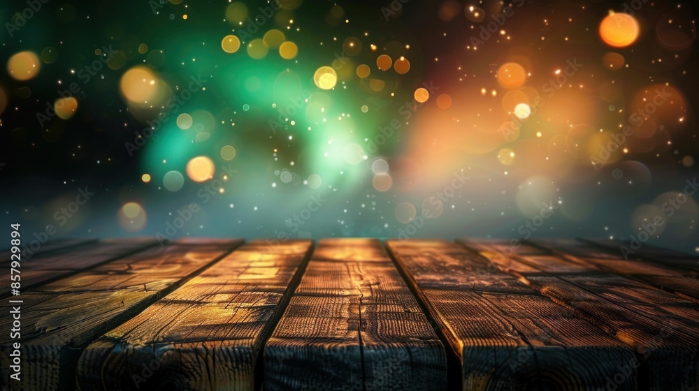 Poster empty wooden table with bokeh lights background. generative ai