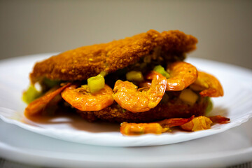 Traditional Brazilian acarajé, food of African origin based on vatapá, caruru and dry shrimp 