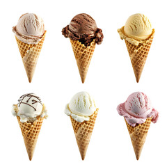 Six scoops of ice cream in waffle cones, including chocolate, vanilla, strawberry, and two other flavors.