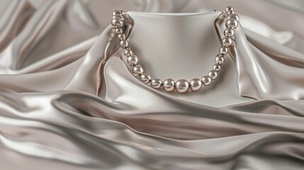 Obraz premium Elegant Pearl Necklace and Ring on Satin Fabric. Generative ai