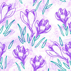 Crocus flowers gentle spring seamless pattern in embroidery style embroidery imitation. Endless design in handicraft style for bedding, wrapping paper, package, fabric, textile.