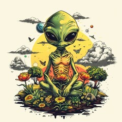 Alien Meditation in a Surreal Landscape. Generative ai