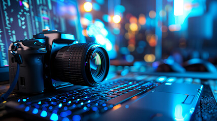 A DSLR camera focused on a sleek laptop with glowing keyboard in a tech workspace. Ai generated