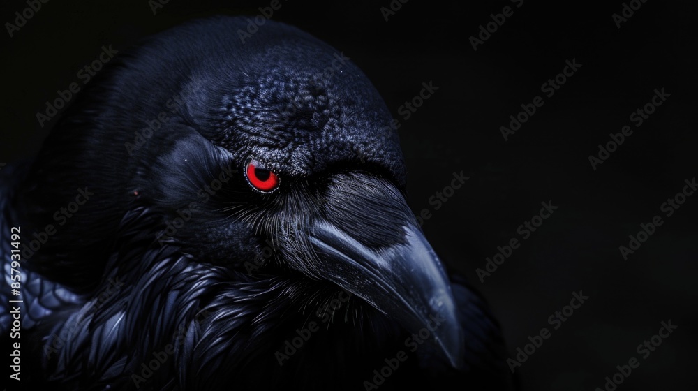 Poster a close-up view of a black bird with striking red eyes, suitable for use in themes related to nature