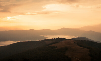 panoramic summer foggy scenery, scenic sunrise morning view in Carpathian mountains, Ukraine, Europe	