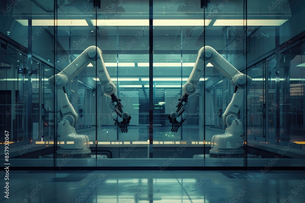 Poster robots standing in a modern room with glass walls