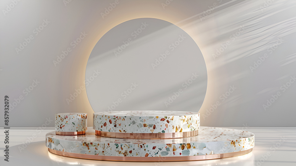 Poster abstract modern minimal background with cobblestones on the wet floor. trendy showcase with golden r