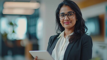 Positive south indian woman business expert image copy space. Hindu lady holding tablet in office banner background blurred. Career in commercial company concept photography copyspace