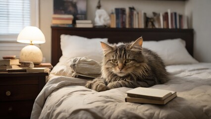 Fluffy Tabby Cat Relaxing on Bed in Cozy Bedroom