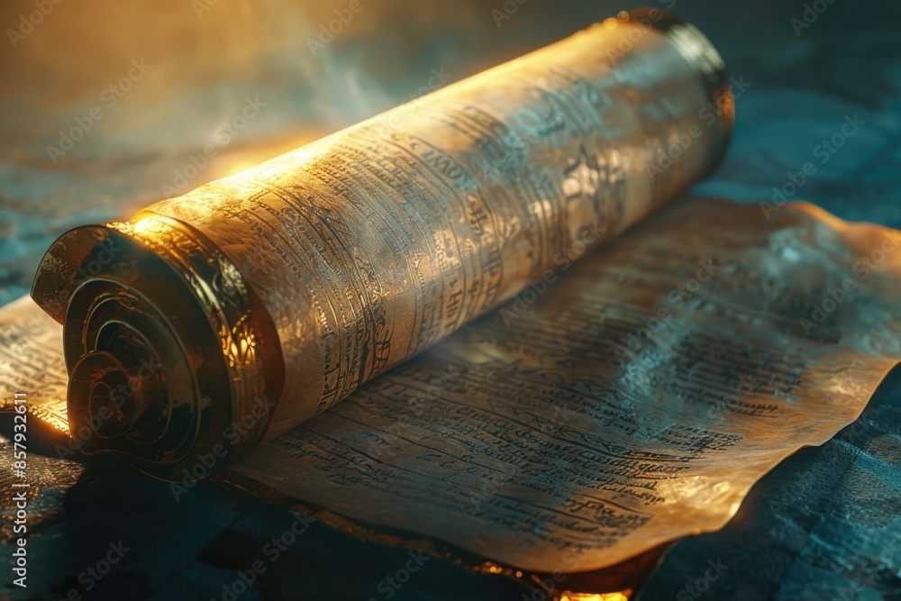 Poster A rolled up book sitting on a table, often used as a decorative object or a symbol of knowledge
