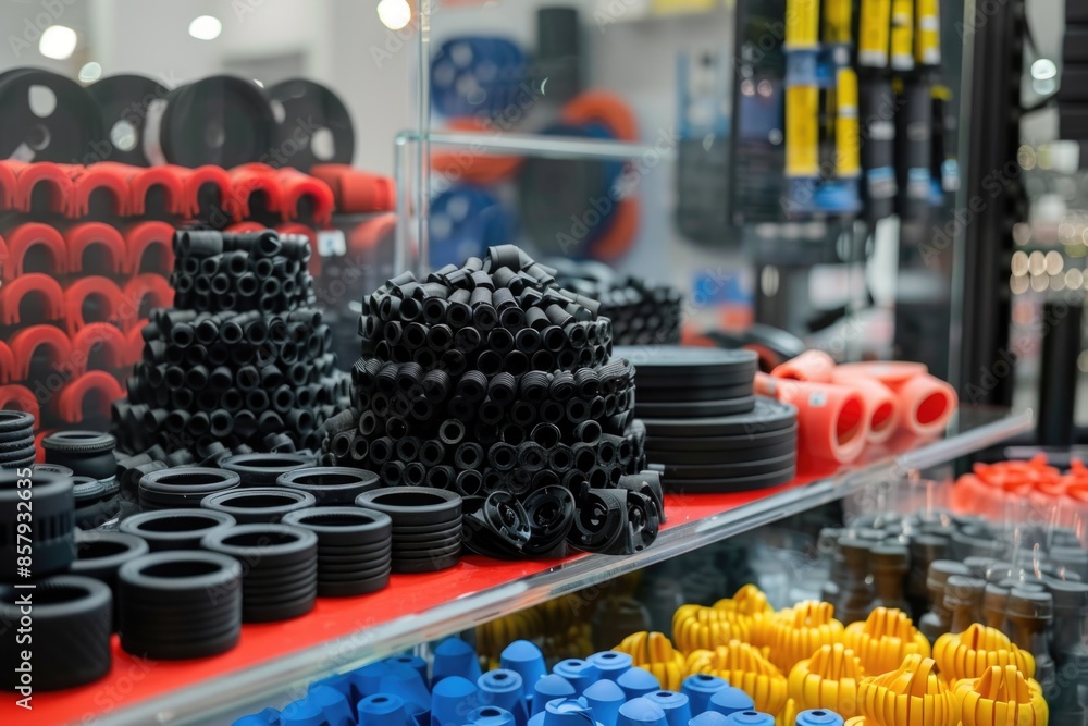Poster colorful spools of yarn stacked in a display case
