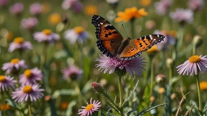 Butterfly on Purple Flower in Wildflower Field