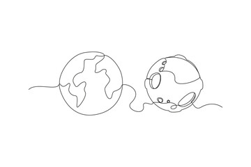 One continuous line drawing of earth and moon in outer space. Outer space and astronaut minimalist universe concept. Dynamic single line draw design vector graphic illustration