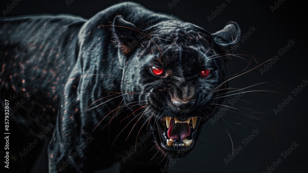Poster A close-up view of a black leopard's face with distinctive red eyes