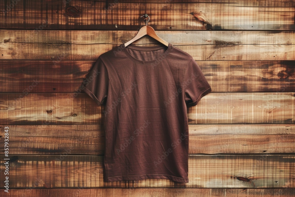 Poster a simple brown t-shirt hangs from a wooden wall, perfect for use in a variety of settings where a ca