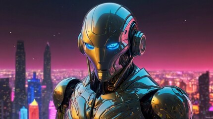 Fototapeta premium Futuristic Robot with Glowing Blue Eyes in Cityscape