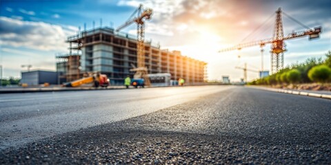 Construction Site Blur: A blurred construction site with asphalt, suggesting development and progress for product displays.
